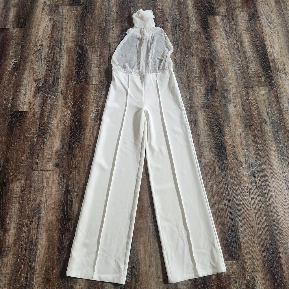 Retrofete White/Cream Jumpsuit Halter Open Back Silk Size Small Sample Wide Leg